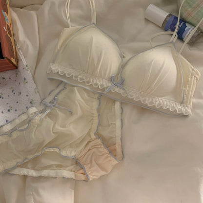 Wirefree Push Up Bra Set for Small Bust | French Ruffle Trim Silk Feel Thin Cups, Sweet Sexy Bralette | Hot MOYISU Sexy Panty AB