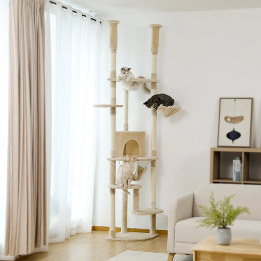 Floor to Ceiling Cat Tree Adjustable Cat Tower Tall Kitty Climbing Play House with Scratching Posts Cozy Condo Perches Hammock