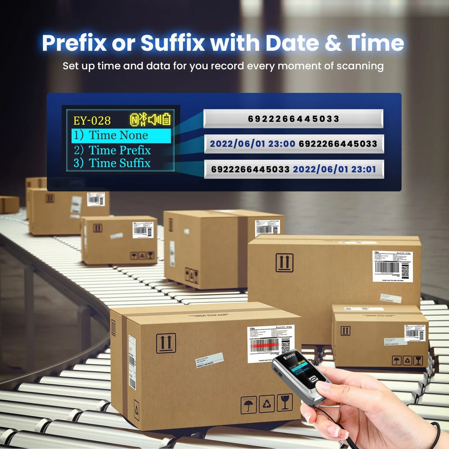 Scanner de codes-barres EYOYO Bluetooth QR 2D 1D avec écran LED, lecteur de codes-barres laser sans fil pour paiements mobiles iOS, Android et Windows.