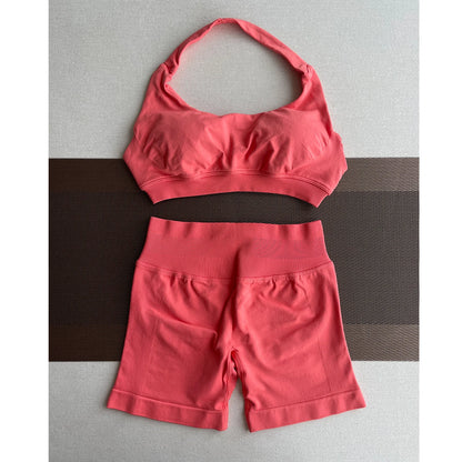 2 Pieces Yoga Gym Set Women Seamless Strappy Yoga Bra High Waist Workout Scrunch Shorts Sports Set Fitness Clothes Sportswear