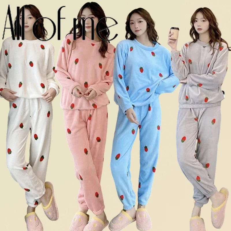 Women Pyjamas Sets 2025 Autumn Winter Warm Flannel Strawberry Coral Long Sleeve Girls Sleepwear Casual Fleece Pajamas Homewear