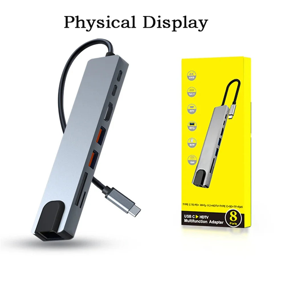 8 In 1 USB C Hub with RJ45 SD/TF Card Reader Type C 3.1 To 4K HD Adapter  PD Fast Charge for MacBook Notebook Laptop Computer