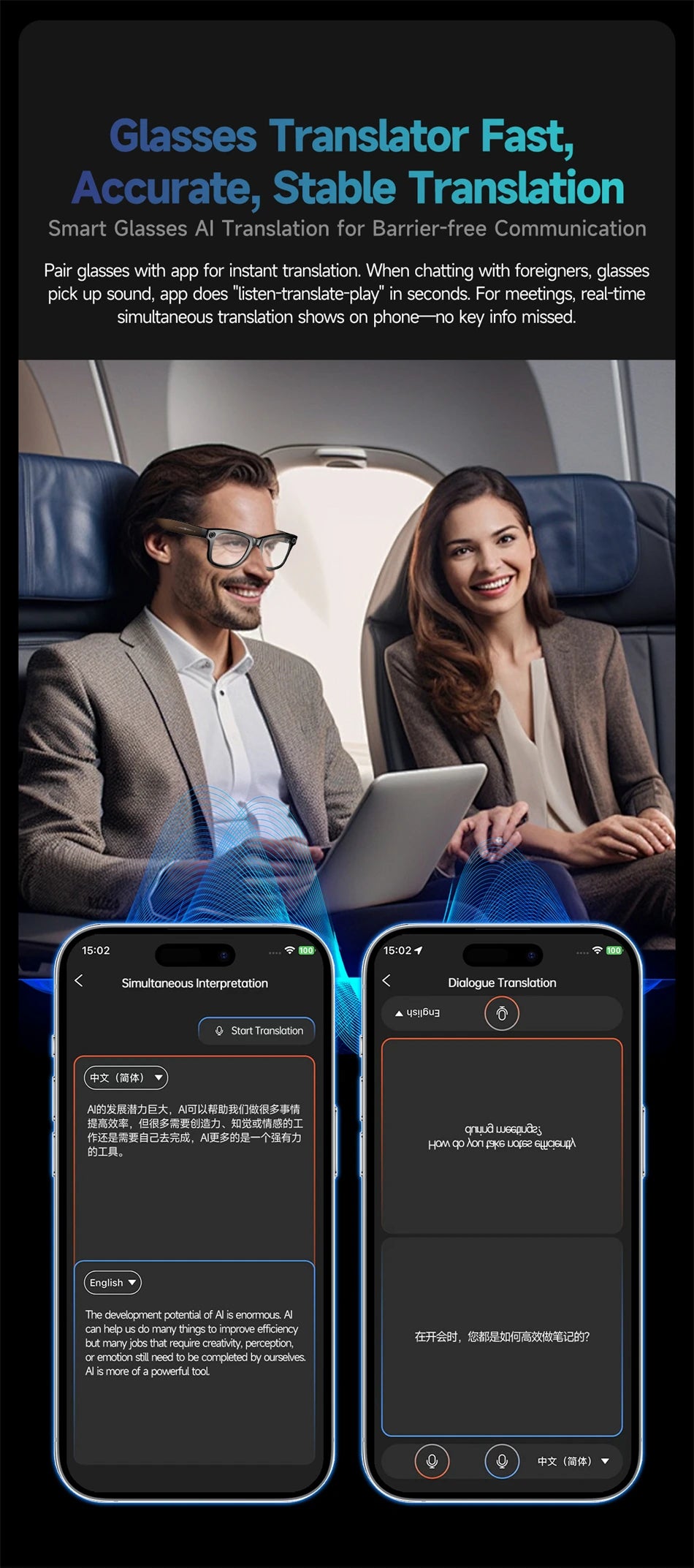 Lunettes intelligentes IA avec caméra 8 MP, enregistrement vidéo, traduction, appels Bluetooth et lecture de musique. Modèle unisexe.