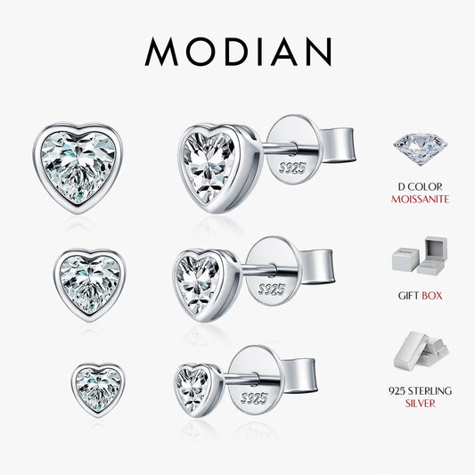 MODIAN 3 Sizes Heart Moissanite Ear Studs 925 Sterling Silver Dazzling Stackable Fashion Stud Earrings For Women Fine Jewelry