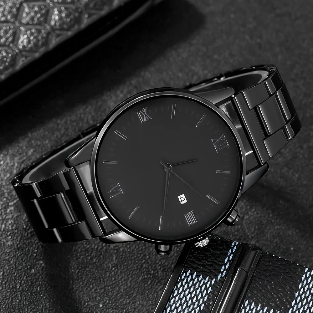 4-piece/set men's black minimalist quartz watch set with bracelet, necklace, and ring -