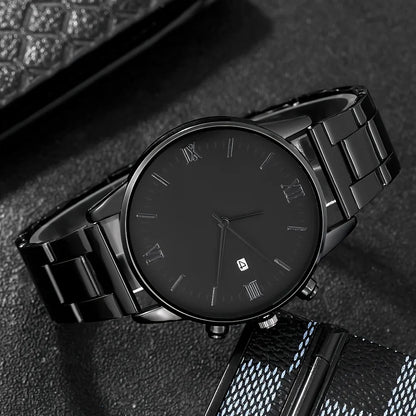 4-piece/set men's black minimalist quartz watch set with bracelet, necklace, and ring -