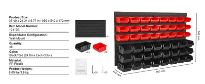 SucceBuy Wall Mounted Storage Bins 30/48Bin Parts Rack Organizer Garage with Wall Panels Hooks Plastic Shop Tool for Screw Nails