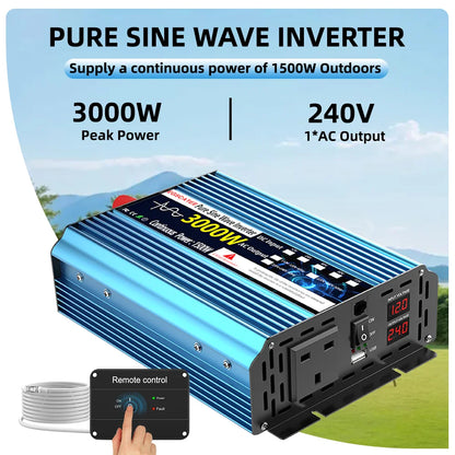 Convertisseur de puissance à onde sinusoïdale pure 3000 W CC 12 V/24 V CA 240 V (prise britannique) - Convertisseur de fréquence 50 Hz pour voiture solaire - Transformateur LED