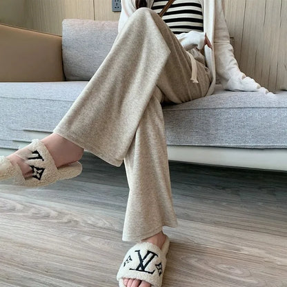 Autumn Winter Plush Pants Women  Soft Straight Tube Flared Pants High Elasticity Waist Casual Fashion Knited Woolen Pants