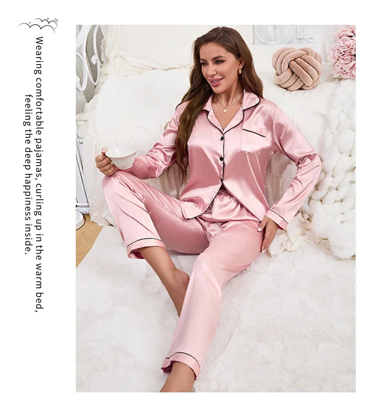 Women's Pajama Set Sleepwear Suit Loungewear Pj Set Satin Long Sleeve Tops With Pants 2 Pieces Pjs Pajamas for Women Pyjama