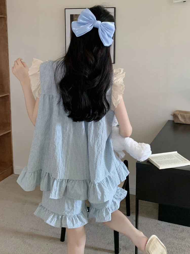 Pajama Sets Women Kawaii Tender Summer Bow Design Girlish Fashion Japanese Style Ruffles Sleepwear Home Student Casual Dormitory