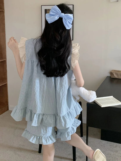 Pajama Sets Women Kawaii Tender Summer Bow Design Girlish Fashion Japanese Style Ruffles Sleepwear Home Student Casual Dormitory
