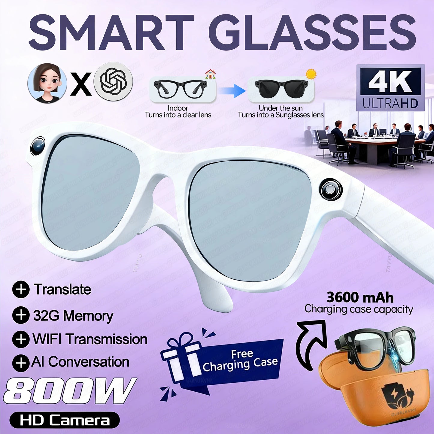 2026 Smart Glasses Women 3600mAh Power Bank 800W Camera 120+Languages Translation Recording Videos Music Player Call Glasses Men