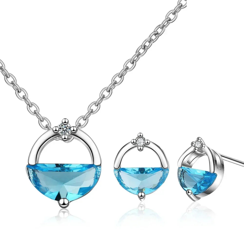 925 Sterling Silver Blue Crystal Elegant Jewelry Sets For Women Wedding Earrings Necklaces Accessories