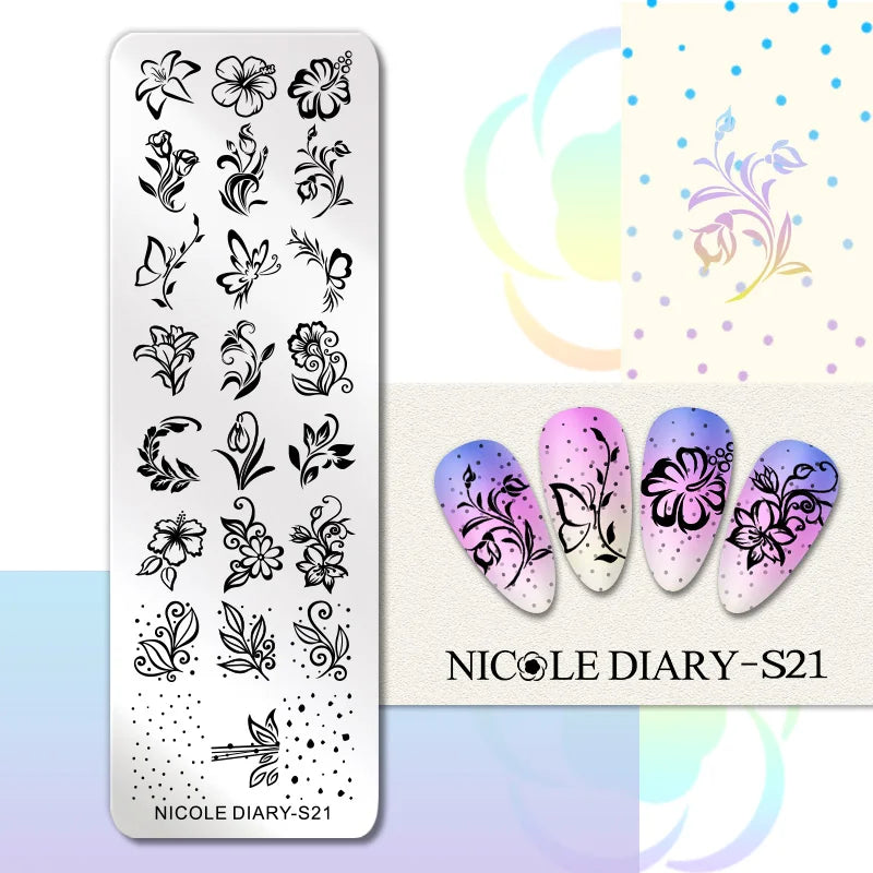 NICOLE DIARY Rose Flower Nail Stamping Plates Image Template Valentine's day Love Heart Printing Stencil Nail Art Manicure Tools