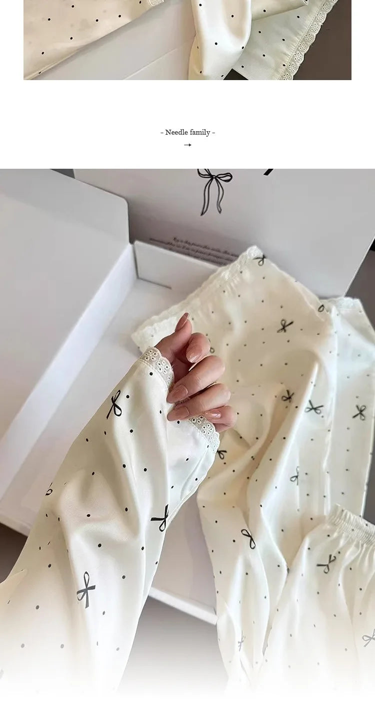 French-Inspired Chic, High-Fashion Aesthetic Instagram-Worthy Bow-Adorned Ice-Silk Lace-Trimmed Long-Sleeved Trouser Pyjamas