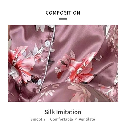 Satin Pajama for Women Flower Print Sleepwear Set Soft Comfort Home Clothes Autumn Short Sleeve Tops & Pants Pyjama Pijama Femme