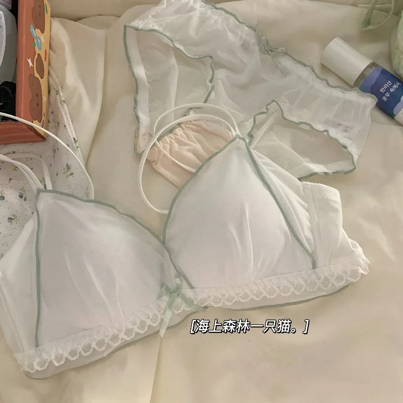 Wirefree Push Up Bra Set for Small Bust | French Ruffle Trim Silk Feel Thin Cups, Sweet Sexy Bralette | Hot MOYISU Sexy Panty AB