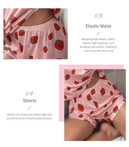 Pajamas Set for Women Breathable Strawberry Print Sleepwear Comfy Short Sleeve Top and Shorts Pyjama Home Loungewear for Ladies