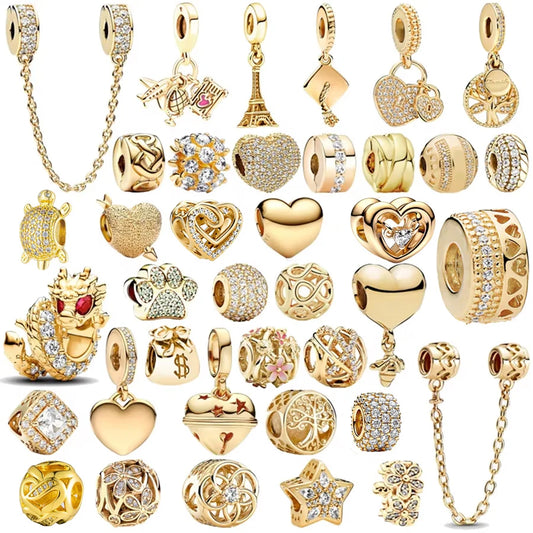 New Gold Plated Safety Chain、Hearts Clip、Family Tree、Snowflake Charm Bead Fit Original European 925 Silver Bracelet Jewelry Gift