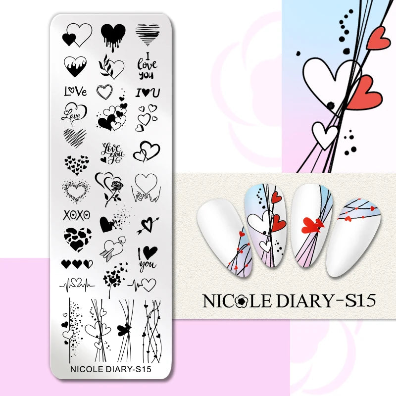 NICOLE DIARY Rose Flower Nail Stamping Plates Image Template Valentine's day Love Heart Printing Stencil Nail Art Manicure Tools