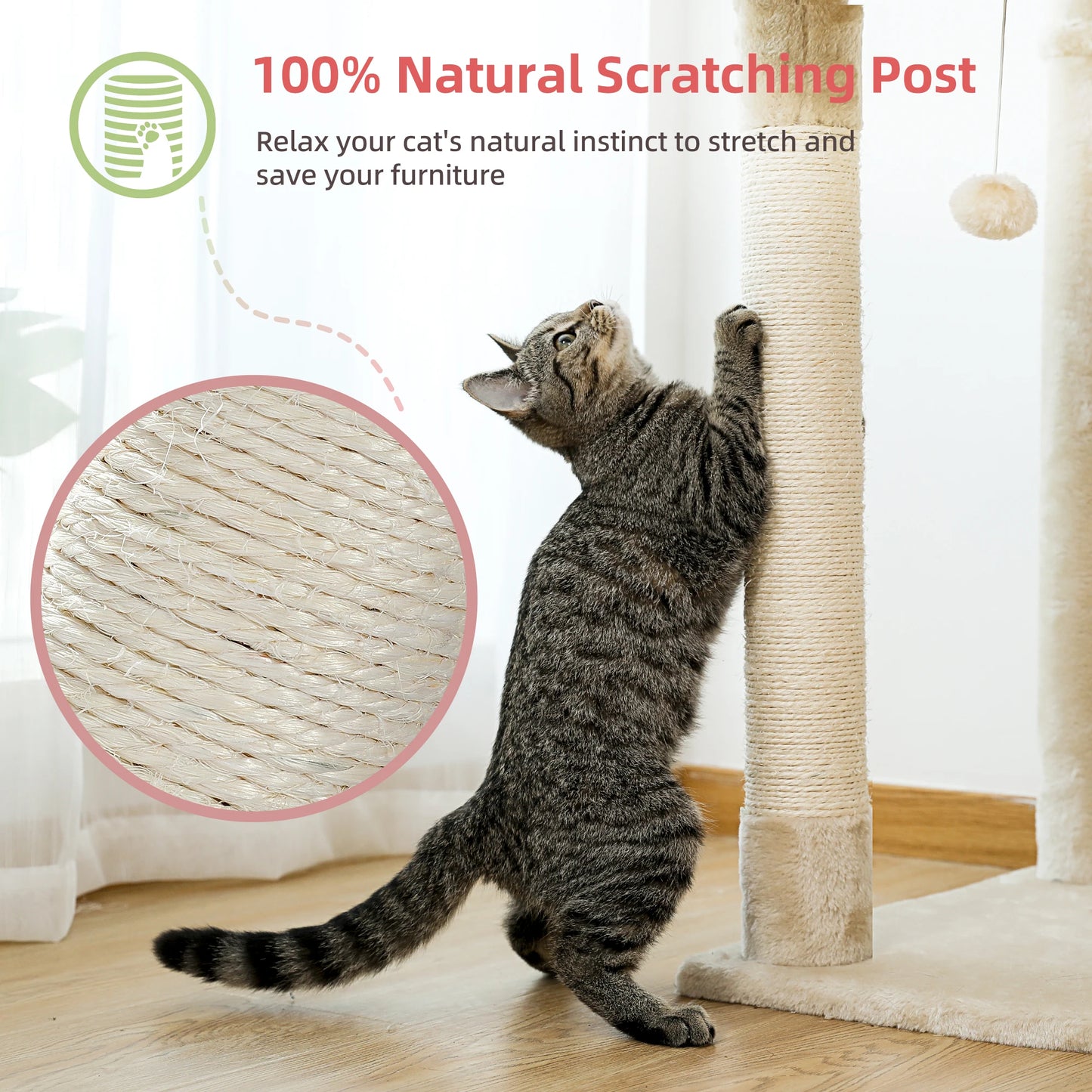 Floor to Ceiling Cat Tree Adjustable Cat Tower Tall Kitty Climbing Play House with Scratching Posts Cozy Condo Perches Hammock