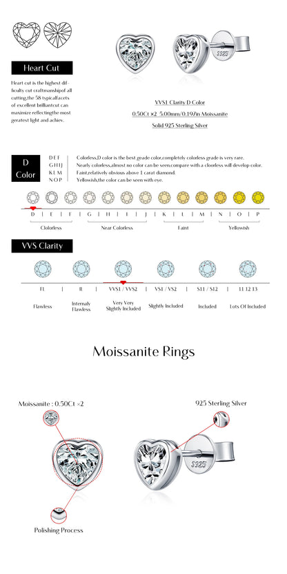 Boucles d'oreilles MODIAN en argent sterling 925, ornées de moissanites en forme de cœur et disponibles en 3 tailles. Bijoux fins et tendance pour femmes.