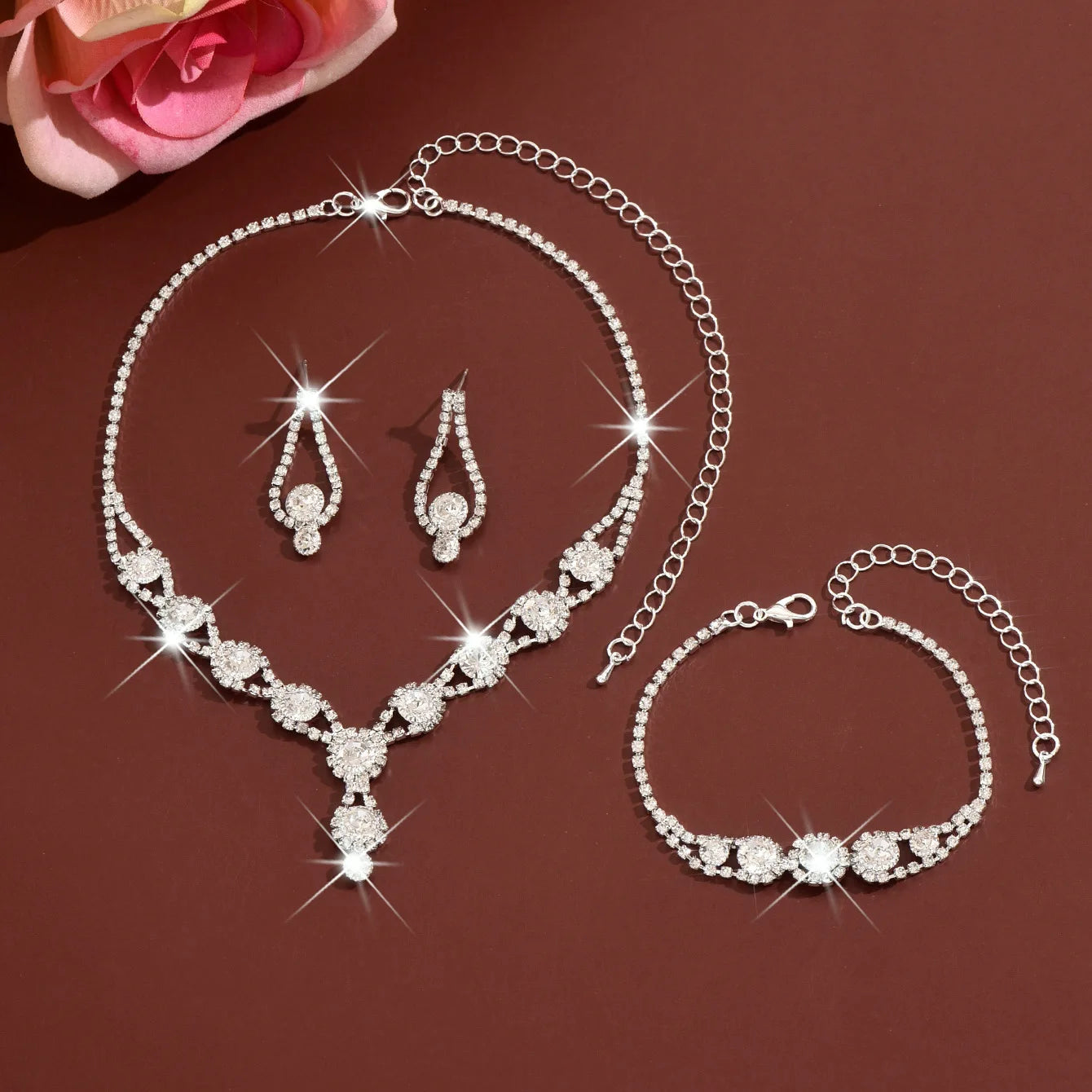 4PCS Fashion Elegant Crystal Jewelry Sets for Women Rhinestones Necklace Ring Earrings Bridal Wedding Party Jewelry Sets