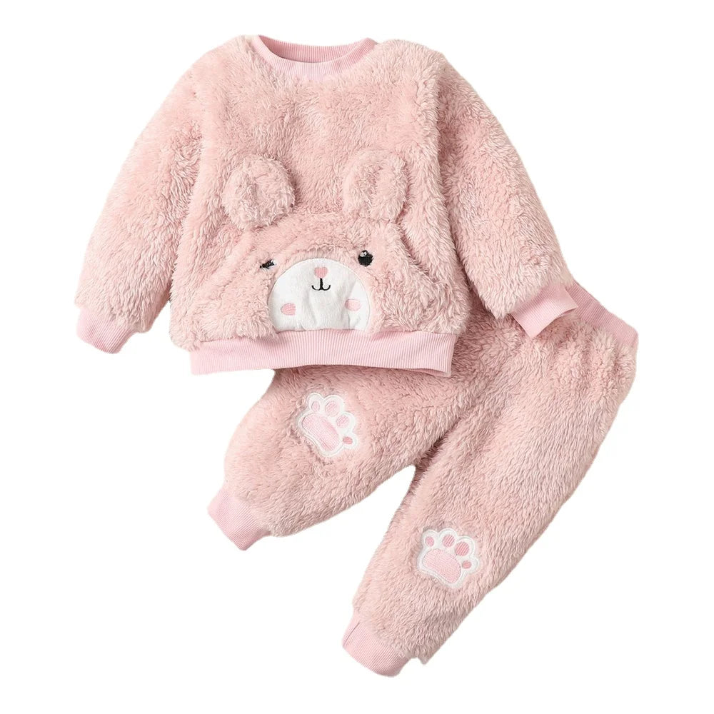 0-3Years Baby Girl Clothes Set Cute Bear O-neck Long Sleeve Top+Thick Pants Autumn&Winter Warm Clothing Outfit for Toddler Girl