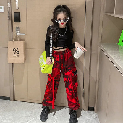 Girls Camouflage Pants Kids Fashion Casual High waisted wide leg pants 2025 Spring Fall ClothesTeen Girl Trousers 8 10 12 14Y