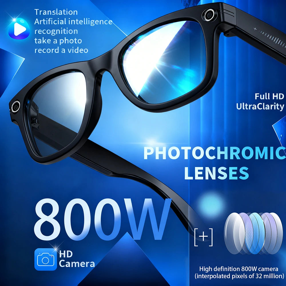Lunettes intelligentes IA avec caméra 8 MP, enregistrement vidéo, traduction, appels Bluetooth et lecture de musique. Modèle unisexe.