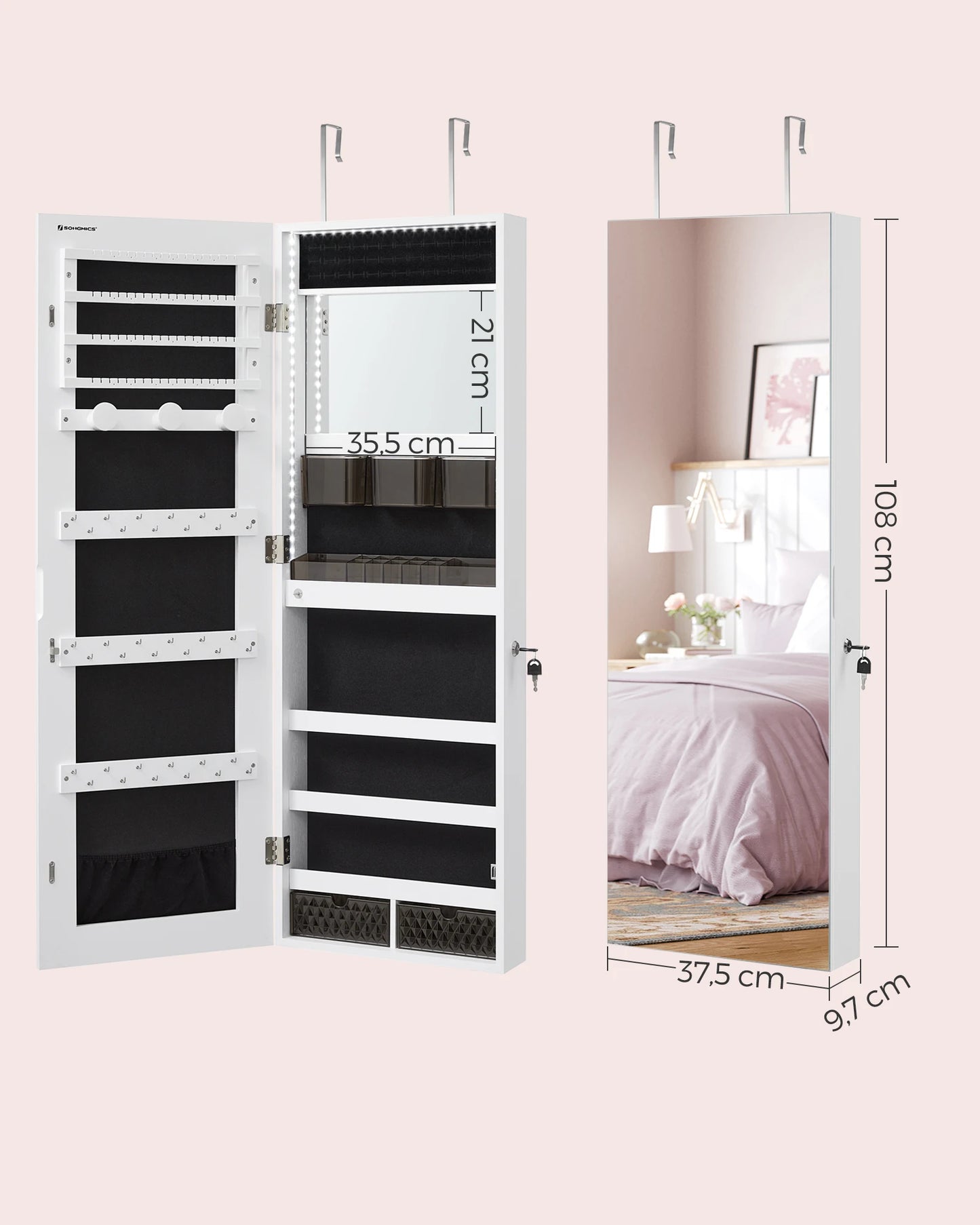 SONGMICS Jewelry Cabinet with LED Lighting, Mirror Cabinet, jewelry Organizer Wall Cabinet with Full-length Mirror