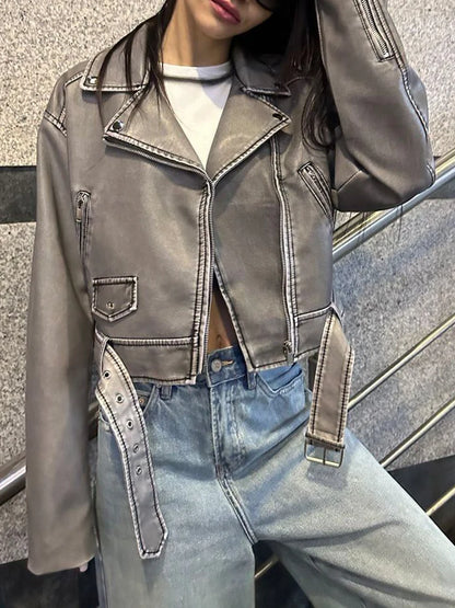 Ailegogo Women Vintage Loose Short Pu Faux Leather Jacket Spring Autumn Female Zipper Belt Coat Moto Biker Outwear