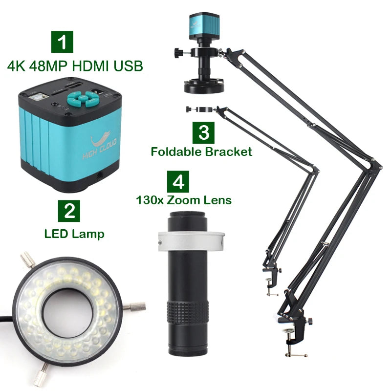 55MP 48MP 4K 1080P HDMI USB Video Microscope Camera 1-130X Infinitely Far C Mount Lens LED Light for Digital Image Acquisition