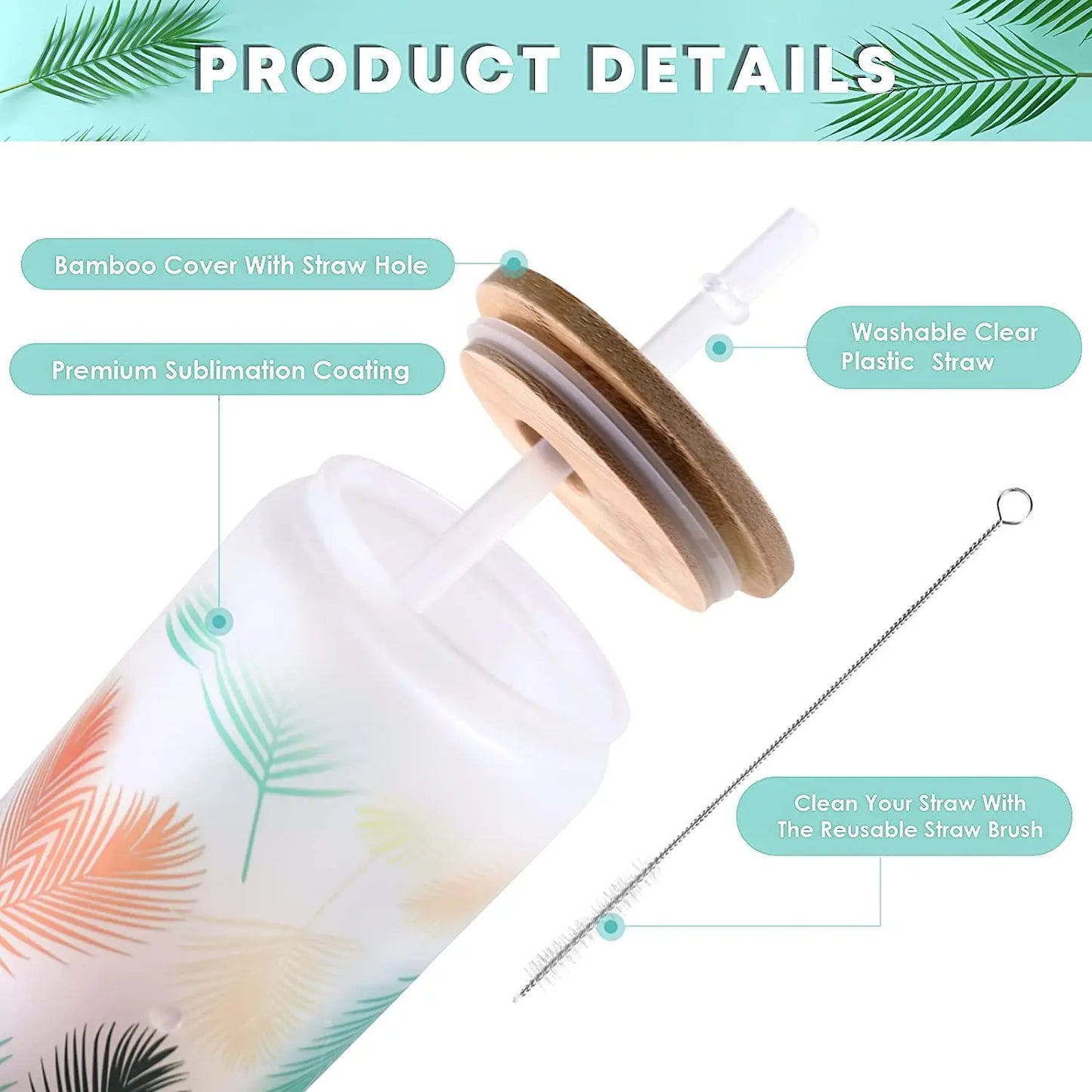 HTVRONT Lot de 8 gobelets à sublimation en verre dépoli/transparent de 473 ml (16 oz) avec couvercle en bambou - Gobelets vierges à sublimer soi-même pour café glacé