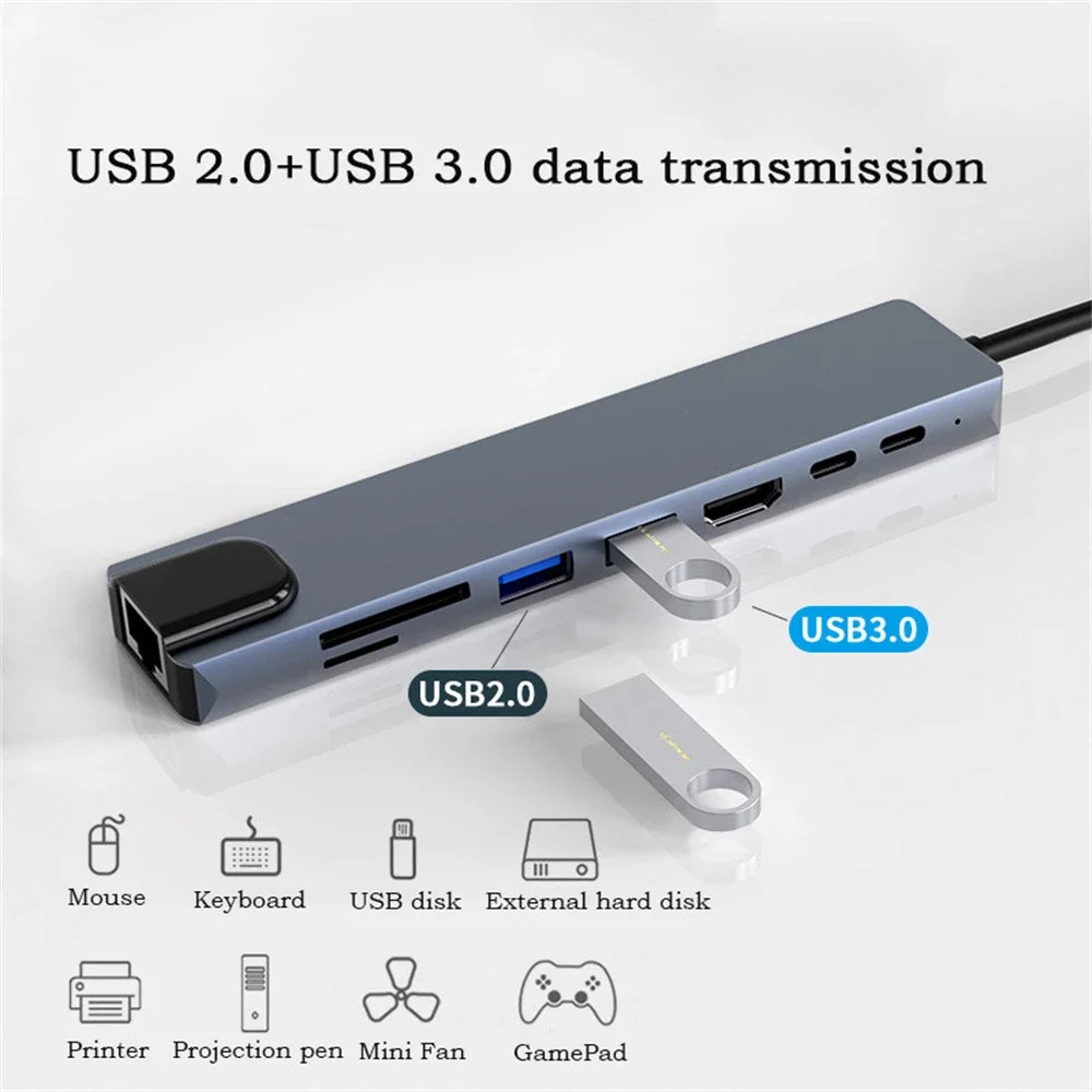 8 In 1 USB C Hub with RJ45 SD/TF Card Reader Type C 3.1 To 4K HD Adapter  PD Fast Charge for MacBook Notebook Laptop Computer