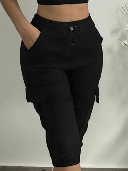 Summer Women's Slim-Fit Capri Trousers Solid Color Casual Multiple Pocket Lace-Up High Waist Tight Leggings Capri Pants