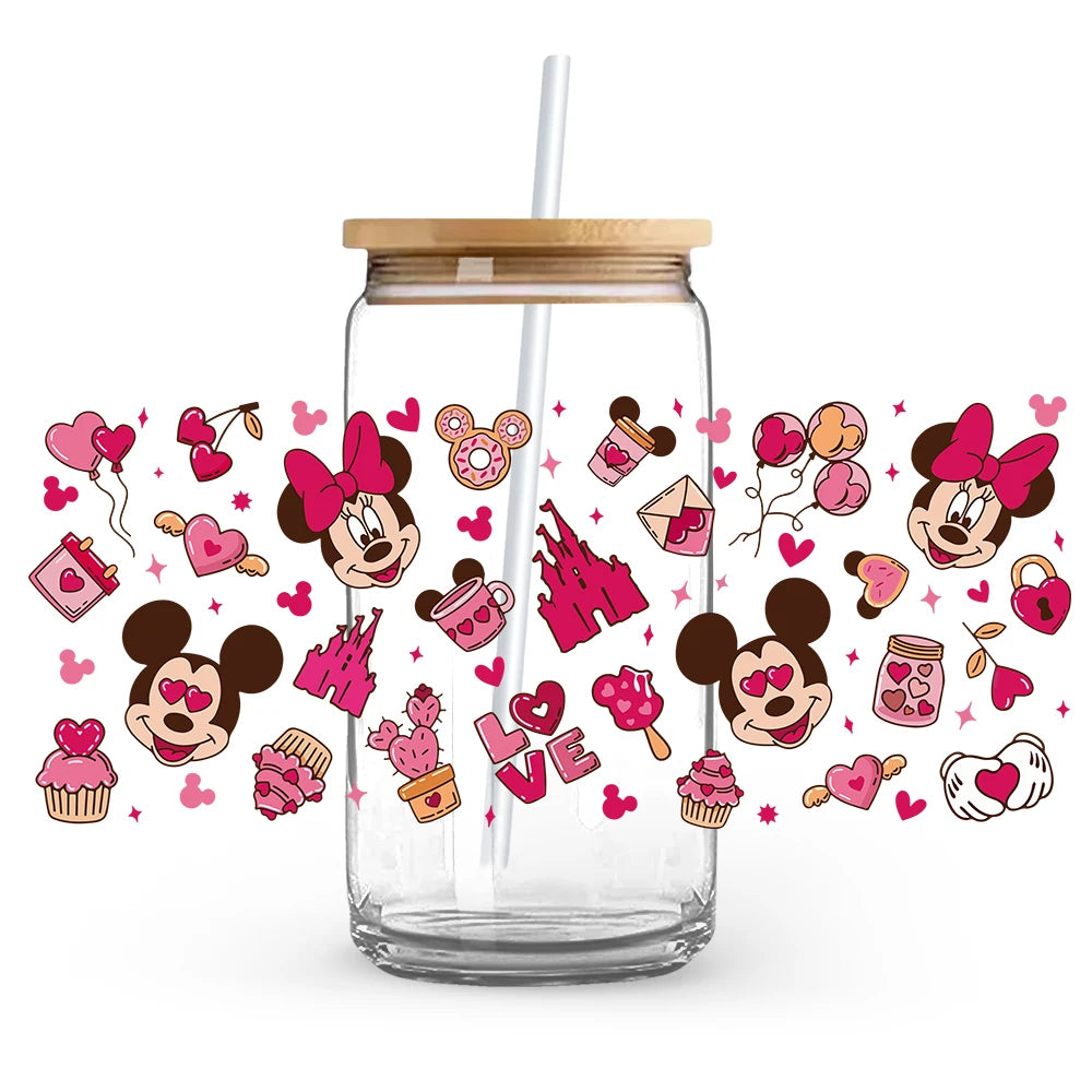 Valentine's Day cartoon Mickey Minnie Stitch Love 16oz Glass Cup UV DTF Transfer Film High-Quality Wraps Transfer Decals