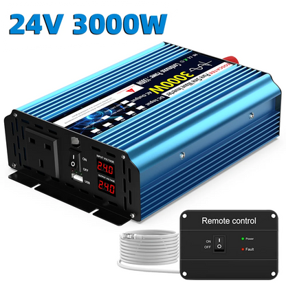 Convertisseur de puissance à onde sinusoïdale pure 3000 W CC 12 V/24 V CA 240 V (prise britannique) - Convertisseur de fréquence 50 Hz pour voiture solaire - Transformateur LED