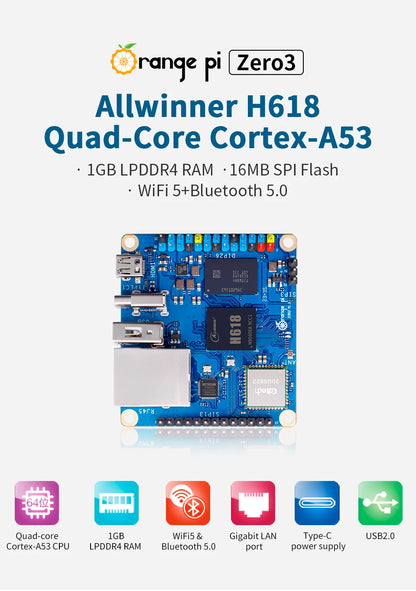Orange Pi Zero3 1GB LPDDR4 RAM Allwinner H618 Developmetn Board SBC