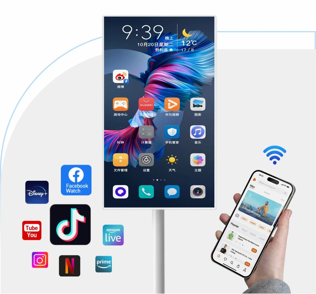 Téléviseur portable sans fil avec écran tactile 21,5 pouces, rechargeable et rotatif à 360°.
