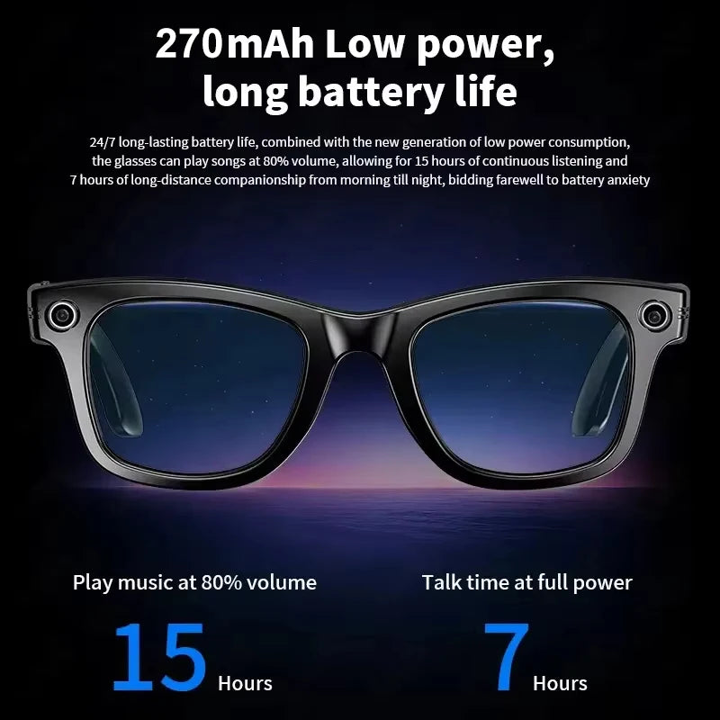 Lunettes intelligentes IA avec caméra 8 MP, enregistrement vidéo, traduction, appels Bluetooth et lecture de musique. Modèle unisexe.