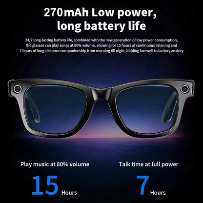 Lunettes intelligentes IA avec caméra 8 MP, enregistrement vidéo, traduction, appels Bluetooth et lecture de musique. Modèle unisexe.