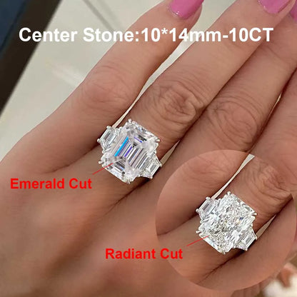 Bagues de luxe BXINY en argent 925 (S925) serties de trois diamants taille glace, sertis de moissanite taille radiant/émeraude 10 carats. Bijoux pour femmes et hommes.