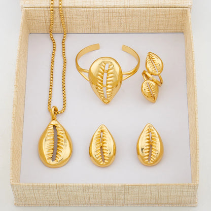 Ensemble de bijoux en cuivre pour femme, boucles d'oreilles, pendentif, bracelet et bague en forme de coquillage africain, style Dubaï arabe turc