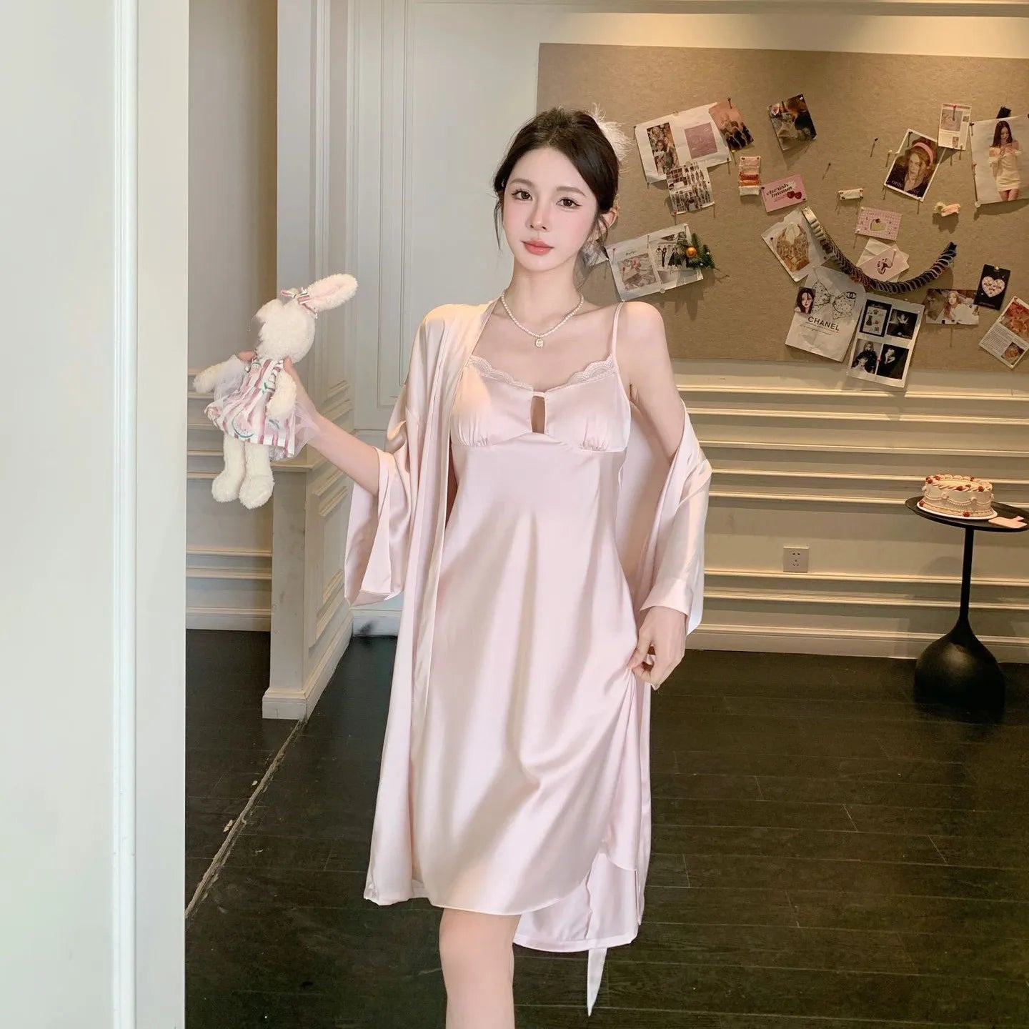 Robe Gown Sets Women Summer Silk Dress Leisure Elegant 2pcs Sleep Lounge Robe Sleepwear Womens Nightdress Soft Bathrobe