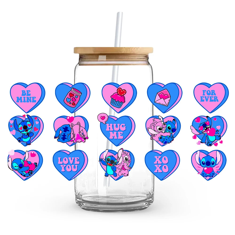 Valentine's Day cartoon Mickey Minnie Stitch Love 16oz Glass Cup UV DTF Transfer Film High-Quality Wraps Transfer Decals