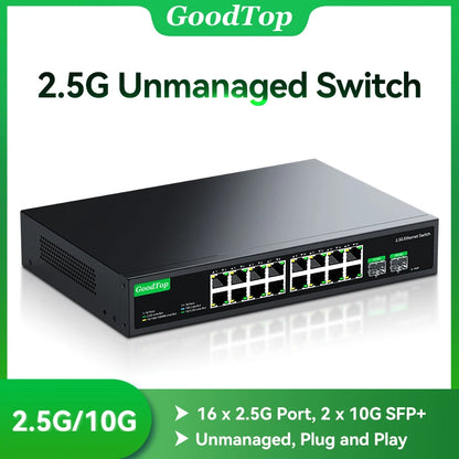GoodTop 16 Port 2.5G Ethernet Switch with 2 Port 10G SFP+ Network Switch 120G Bandwidth Unmanaged Networking Home Lab Switch