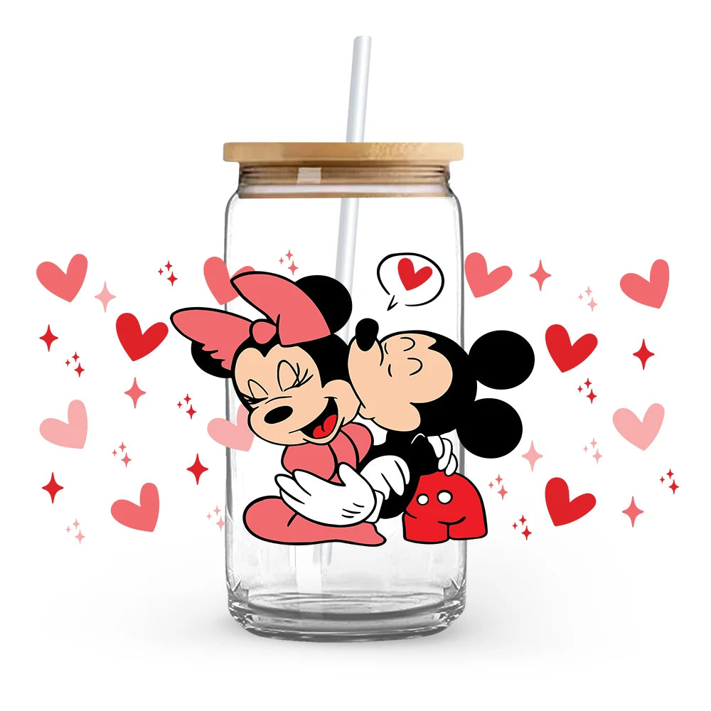Valentine's Day cartoon Mickey Minnie Stitch Love 16oz Glass Cup UV DTF Transfer Film High-Quality Wraps Transfer Decals