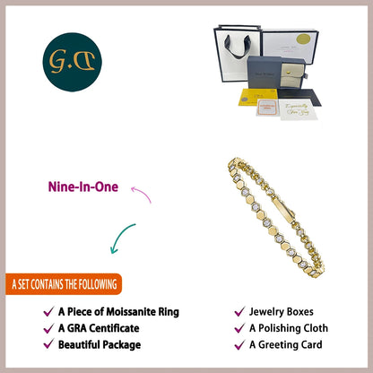 Bracelet tennis hexagonal en argent sterling 925 plaqué or 14 carats et moissanite, pour femme. Bijou géométrique scintillant aux couleurs chatoyantes. Idée cadeau.